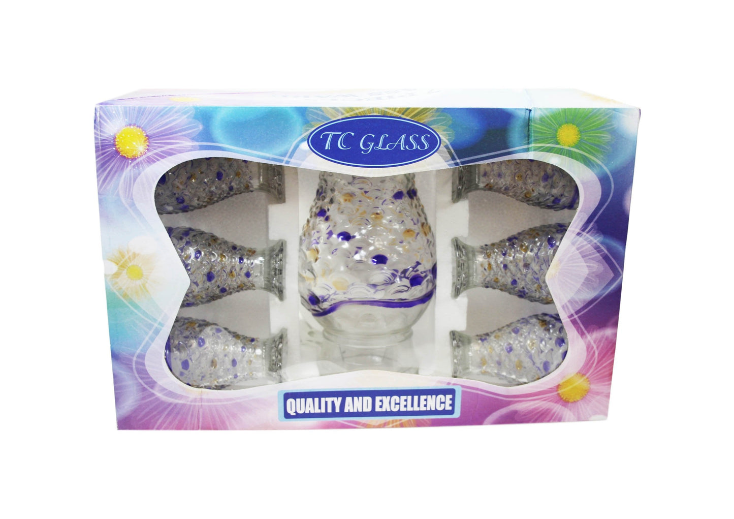 Glass Water Juice Serving Jug with Glasses Set of 7 Coloured Fish Scale Design Assorted Colours 6336 (Big Parcel Rate)