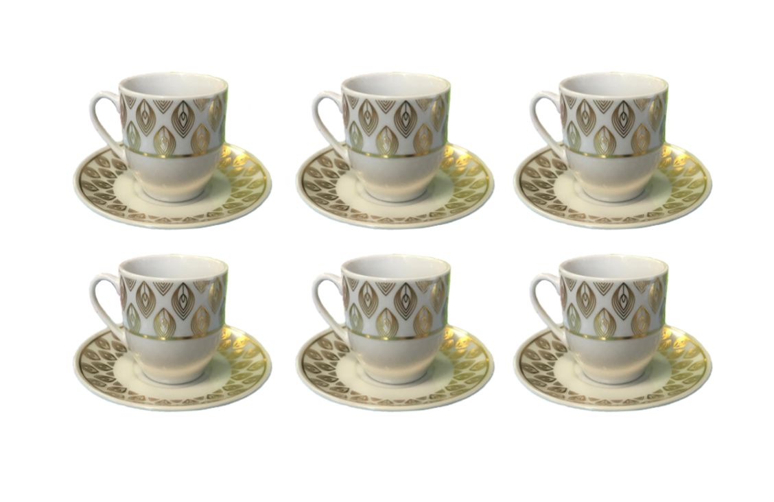 Coffee Tea Cup Set with Saucers Set of 12 Gold / White Assorted Designs 7518 (Parcel Plus Rate)