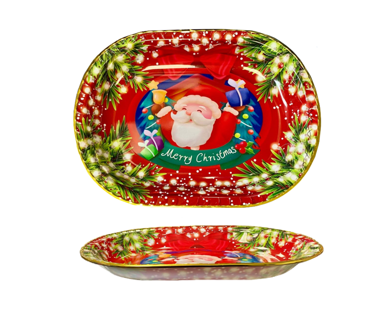 Plastic Festive Christmas Serving Tray with Printed Design and Gold Rim 35.5 x 27 x 4cm Assorted Designs 8026 (Parcel Rate)