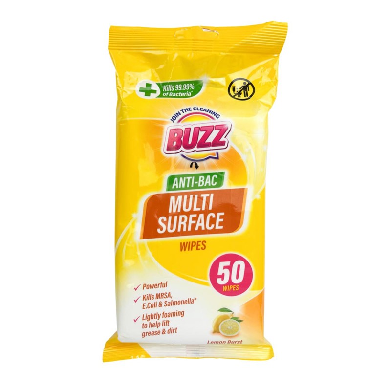 Buzz Multi Surface Antibacterial Wipes 50 Pack Lemon 321592 / 324254 (Parcel Rate)