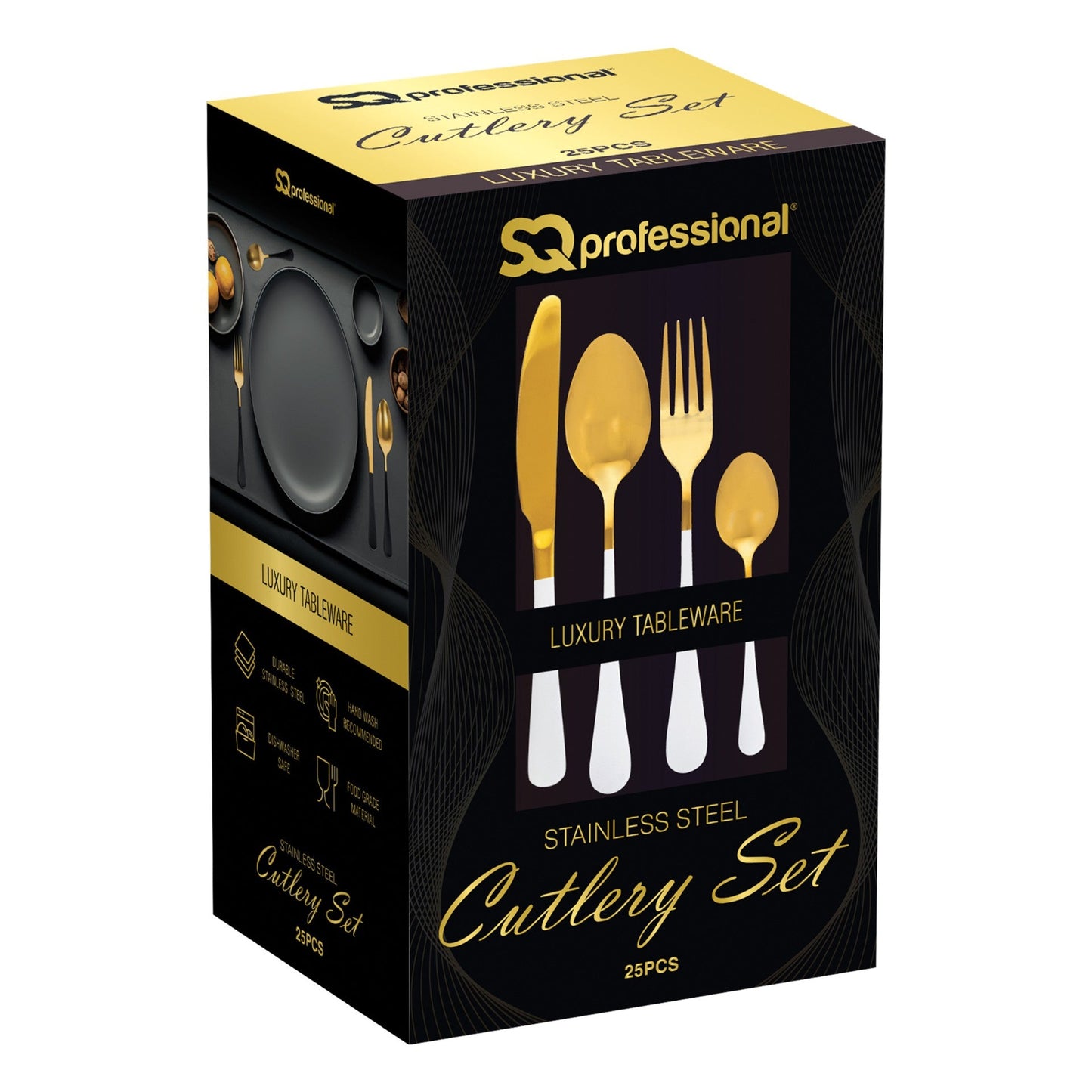SQ Durane Stainless Steel Cutlery Set of 25 Gold White 10741 A (Parcel Rate)