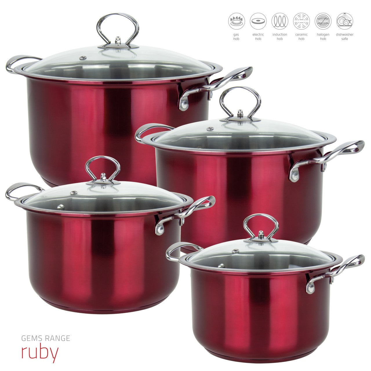 SQ Professional Gems Stainless Steel Stockpot Set of 4 Ruby 18-20-22-24cm 9577 (Big Parcel)