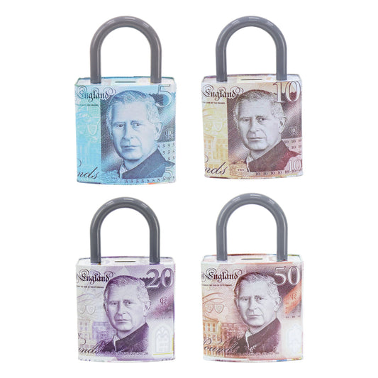 King Charles Pound Note Coin Money Tin Box Padlock Shape with Handle 16.5 x 9.5 x 26.5cm Assorted Designs  MTH 11890 (Parcel Rate)