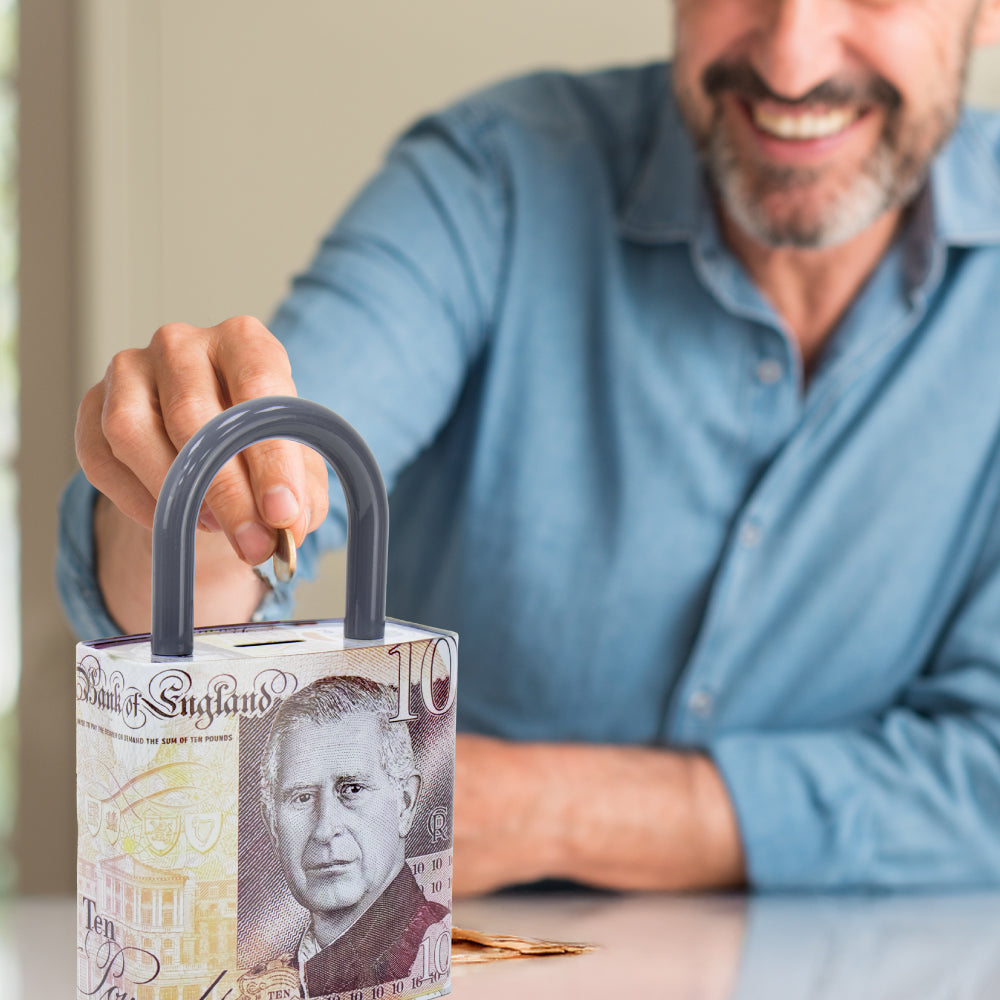 King Charles Pound Note Coin Money Tin Box Padlock Shape with Handle 16.5 x 9.5 x 26.5cm Assorted Designs  MTH 11890 (Parcel Rate)