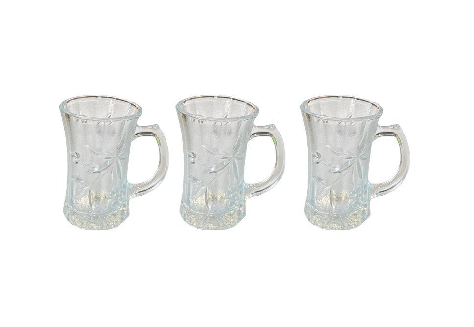 Amissa Tea Glass Cups with Handle and Floral Grape Design 171ml Set of 3 1542 (Parcel Plus Rate)