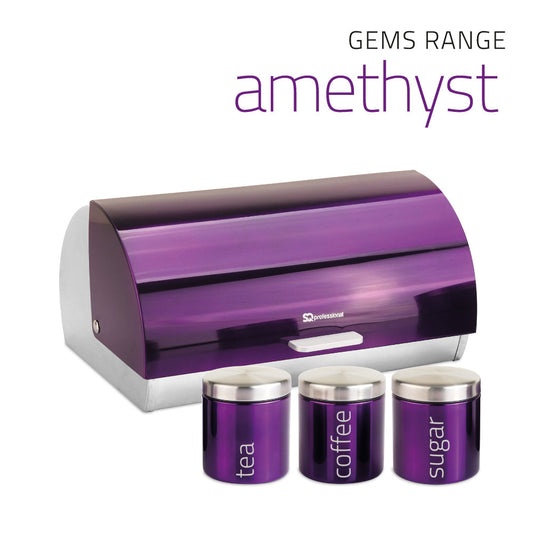 SQ Professional Gems Metal Bread Bin with 3 Canisters Amethyst 2582 (Parcel Rate)