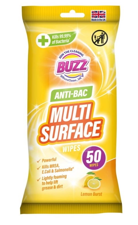 Buzz Multi Surface Antibacterial Wipes 50 Pack Lemon 321592 / 324254 (Parcel Rate)