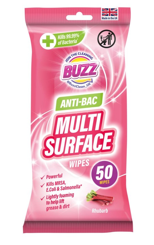 Buzz Multi Surface Antibacterial Wipes 50 Pack Rhubarb 321593 / 32455 (Parcel Rate)