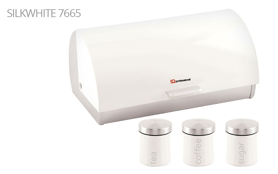 SQ Professional Dainty Metal Bread Bin with 3 Canisters Silk White / White 7665 (Parcel Rate)
