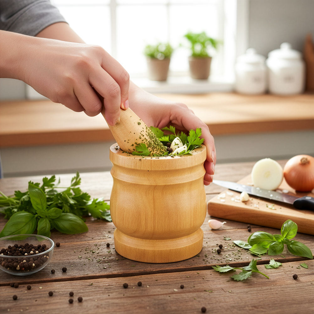 Durane Wooden Mortar & Pestle Medium 13 x 15cm Light Wood 5922