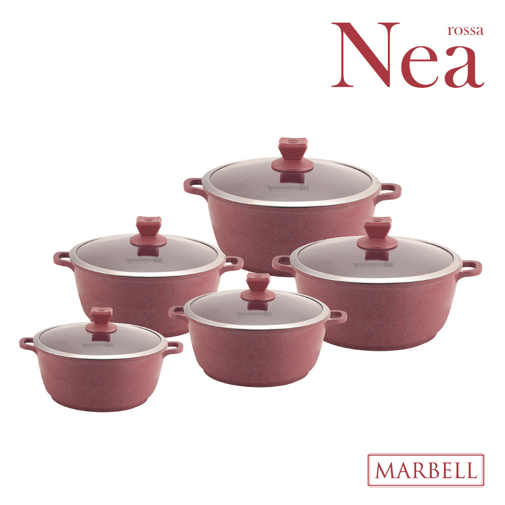 Nea Marbell Diecast Stockpot Set 5 Pack Rossa Red Marble Effect 20-24-28-30-32cm 6759 (Big Parcel Rate)