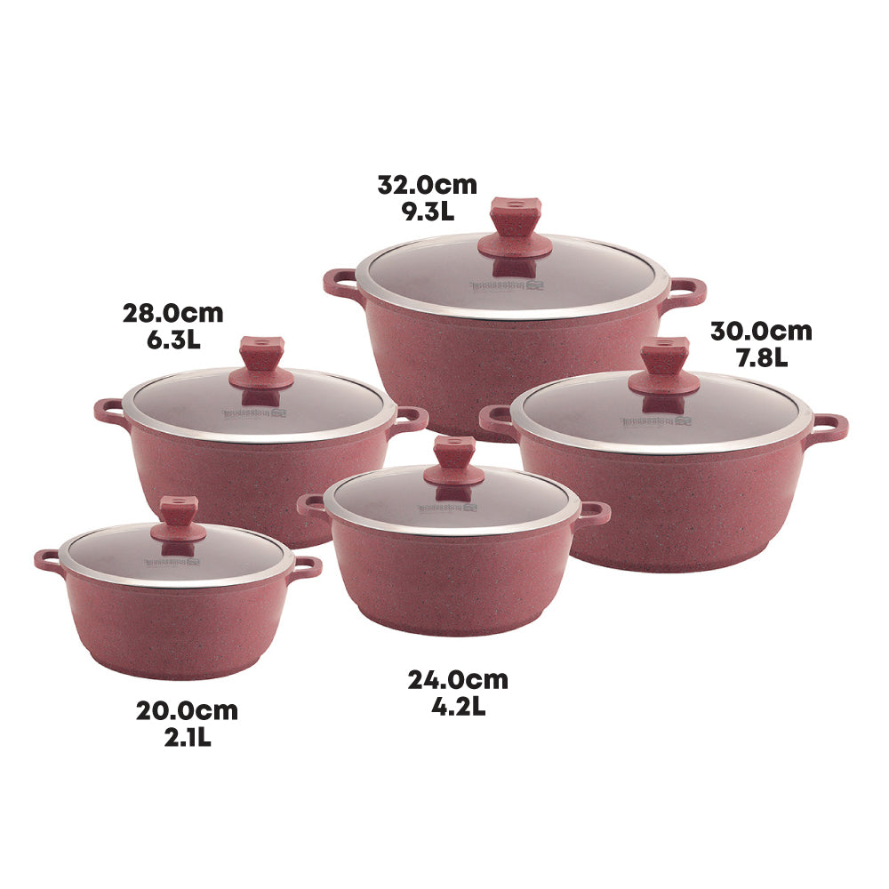 Nea Marbell Diecast Stockpot Set 5 Pack Rossa Red Marble Effect 20-24-28-30-32cm 6759 (Big Parcel Rate)