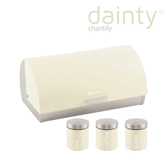 SQ Professional Dainty Metal Bread Bin with 3 Canisters Chantilly Cream 7664 (Parcel Rate)