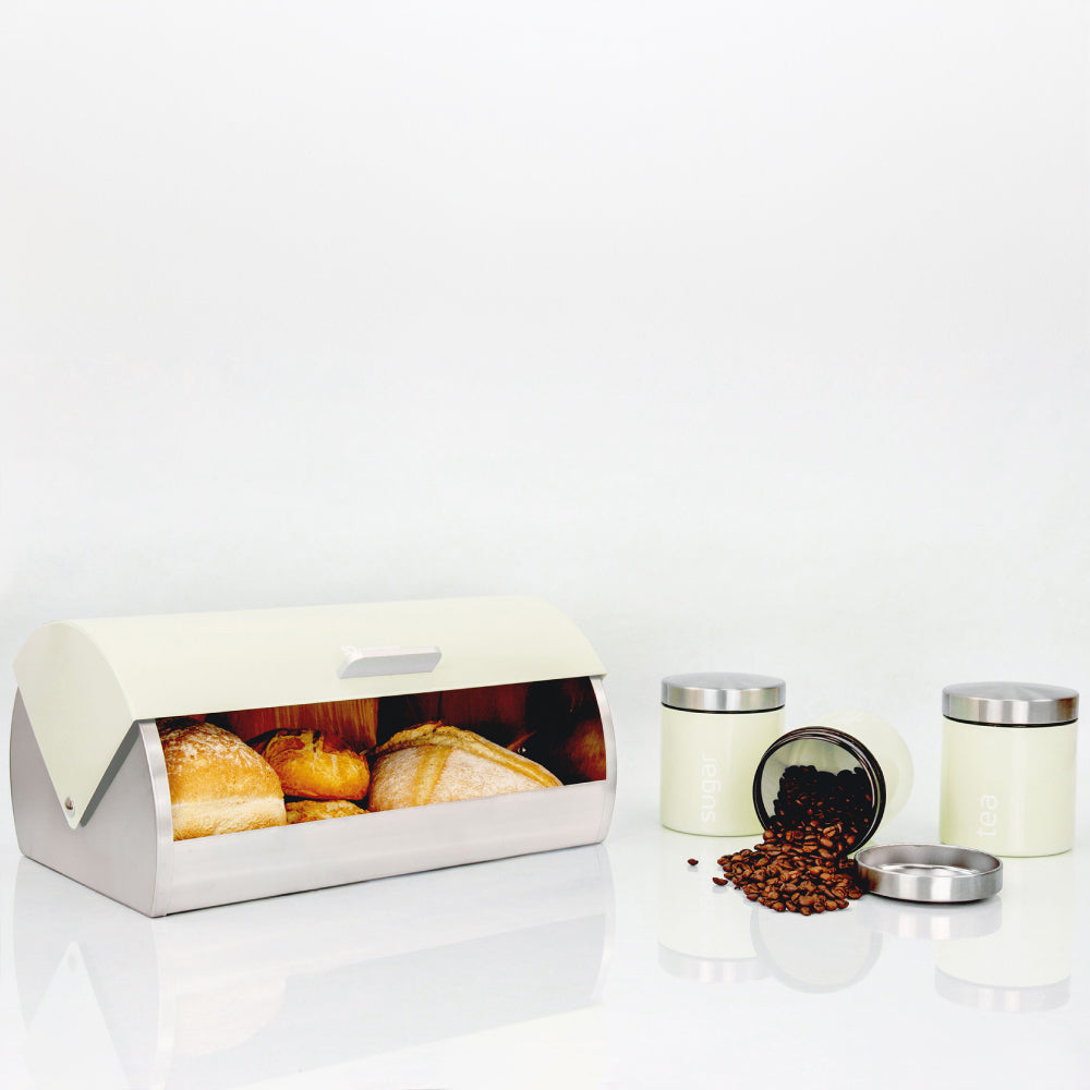 SQ Professional Dainty Metal Bread Bin with 3 Canisters Chantilly Cream 7664 (Parcel Rate)