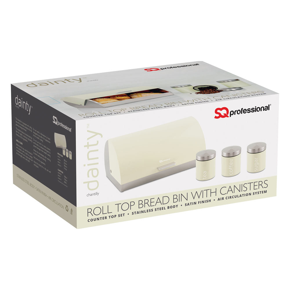 SQ Professional Dainty Metal Bread Bin with 3 Canisters Chantilly Cream 7664 (Parcel Rate)