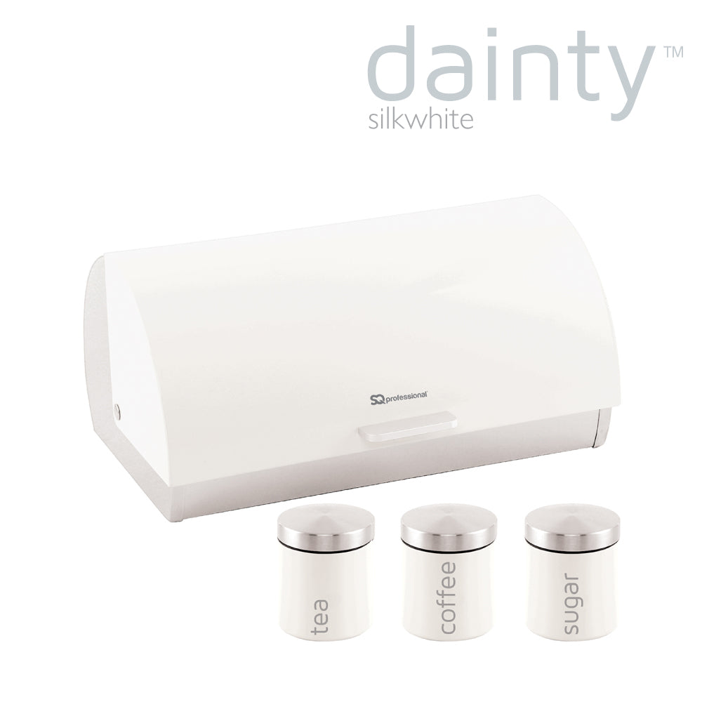 SQ Professional Dainty Metal Bread Bin with 3 Canisters Silk White / White 7665 (Parcel Rate)