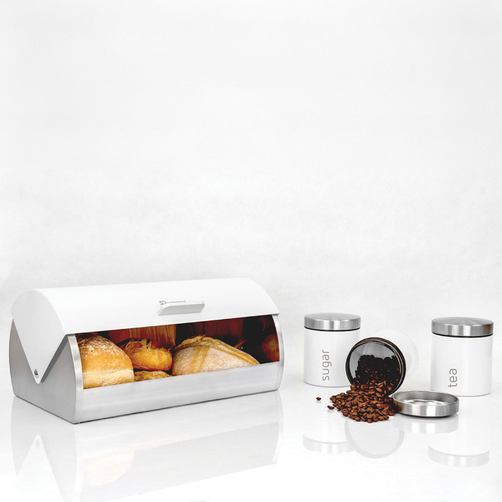 SQ Professional Dainty Metal Bread Bin with 3 Canisters Silk White / White 7665 (Parcel Rate)