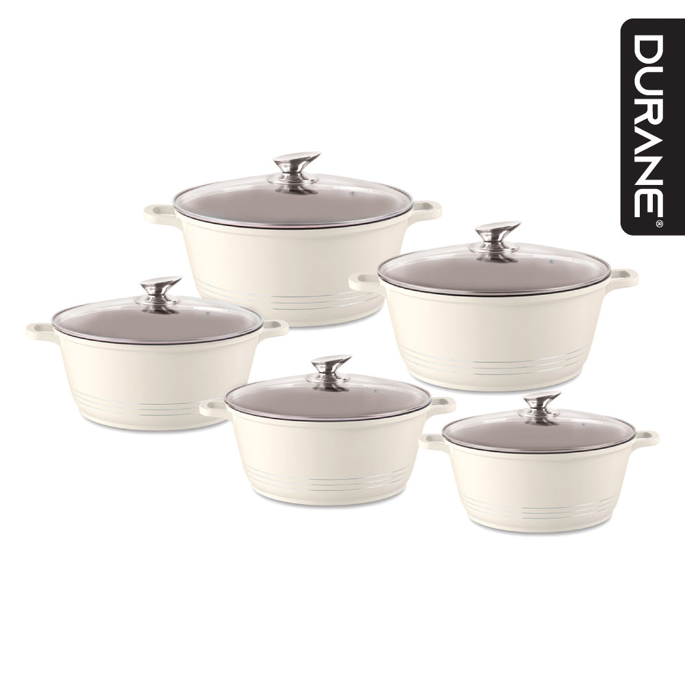 Durane Cream Die Cast Stock Pot Set Of 5 Stainless Steel Non Stick Coating With 2 Handles 20-24-28-30-32cm 9318 (Big Parcel Rate)