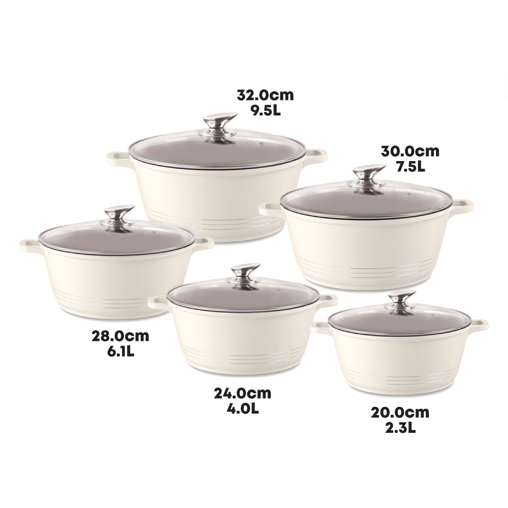 Durane Cream Die Cast Stock Pot Set Of 5 Stainless Steel Non Stick Coating With 2 Handles 20-24-28-30-32cm 9318 (Big Parcel Rate)