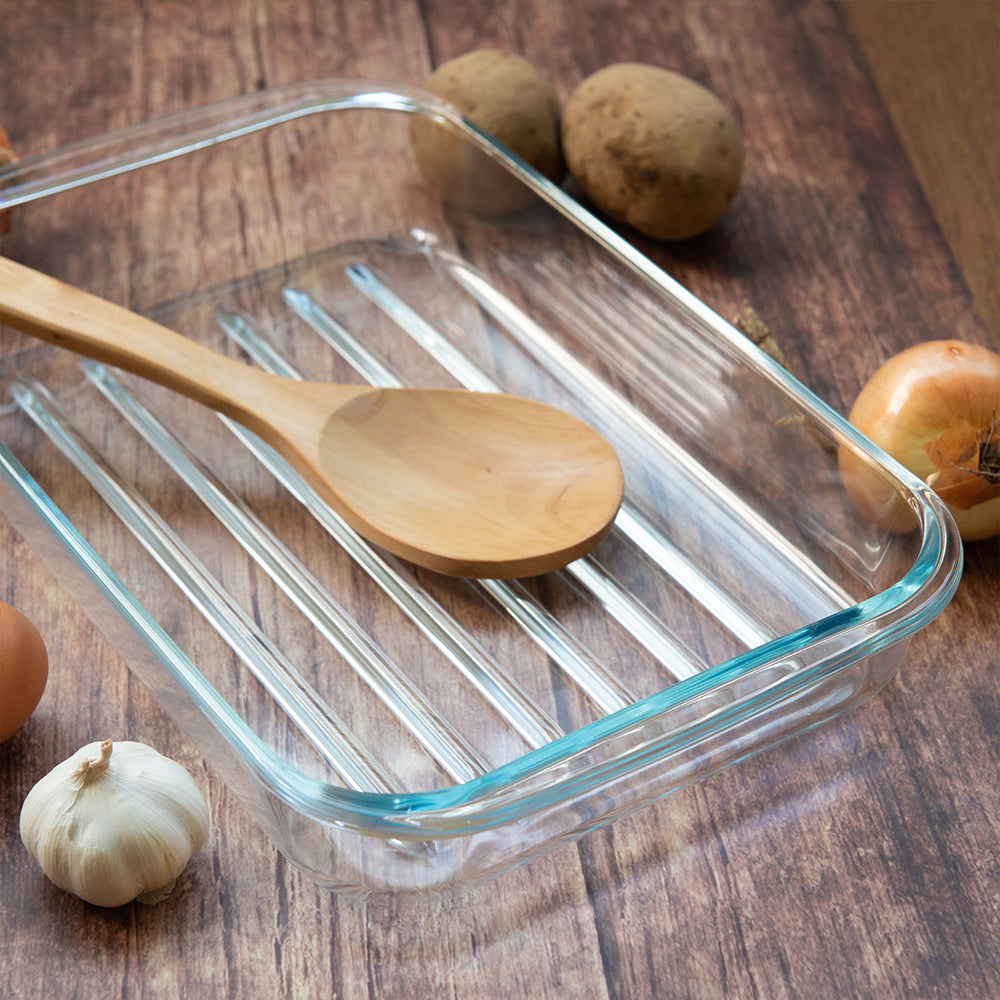 Durane Tempered Glass Ribbed Oven Roasting Tray 3L / 34.5 x 28.5 x 4.5cm 8969 (Parcel Plus Rate)