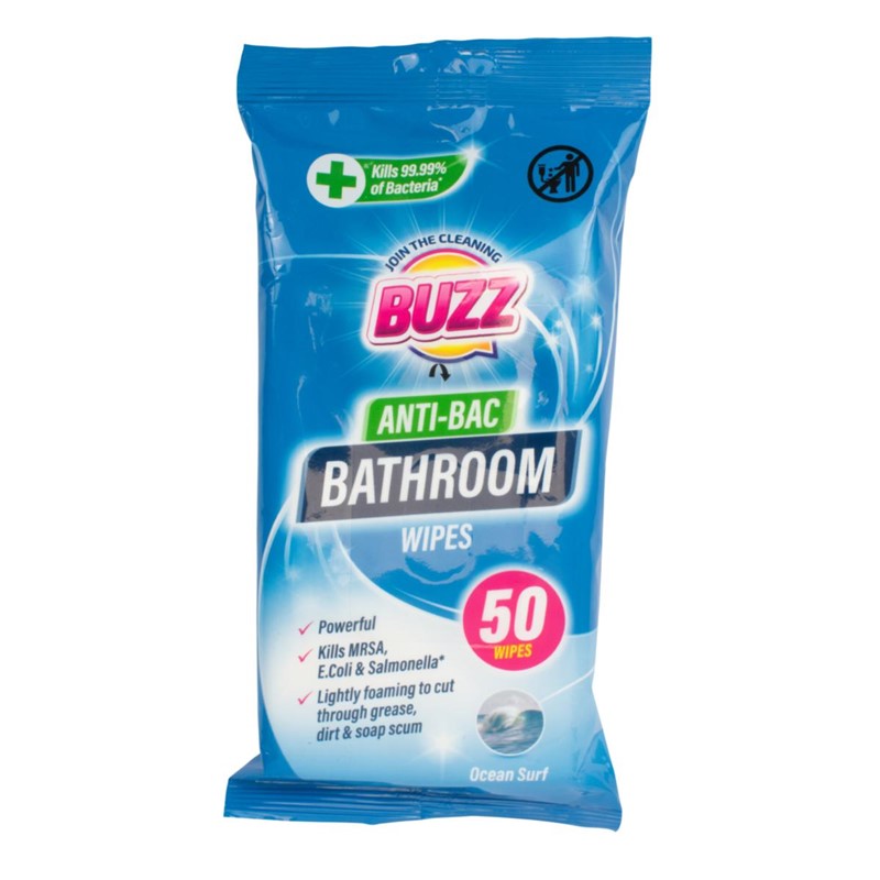 Buzz Bathroom Antibacterial Wipes 50 Pack Ocean 321594 / 324256 (Parcel Rate)