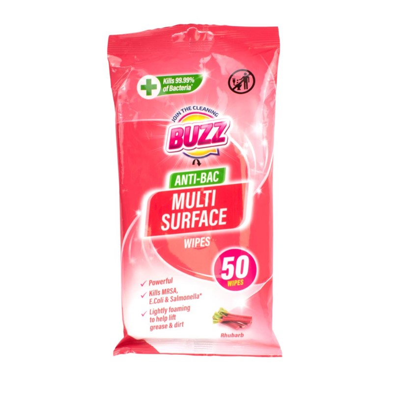 Buzz Multi Surface Antibacterial Wipes 50 Pack Rhubarb 321593 / 324255 (Parcel Rate)