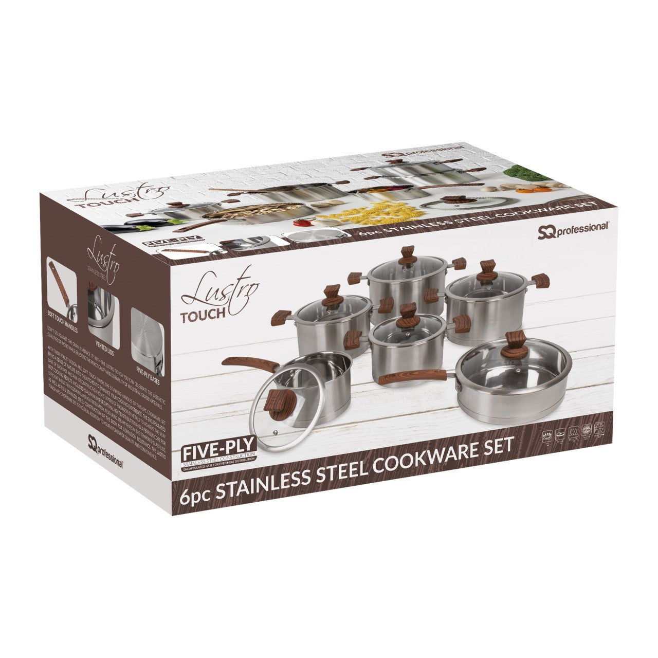 SQ Professional Lustro Touch Stainless Steel Cookware Set of 6 Brown 9965 (Big Parcel Rate)