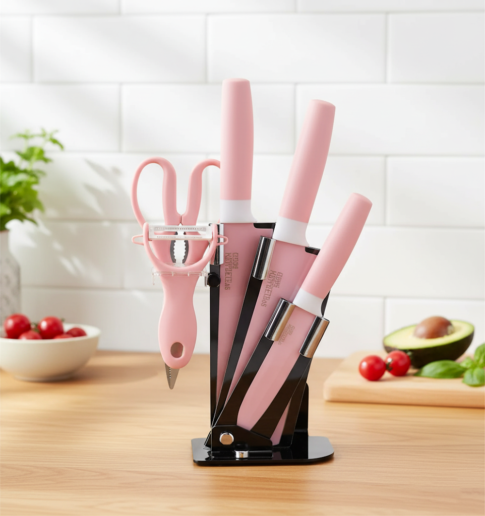 Kitchen Knife Set of 6 with Peeler Assorted Colours 6703 (Parcel Rate)